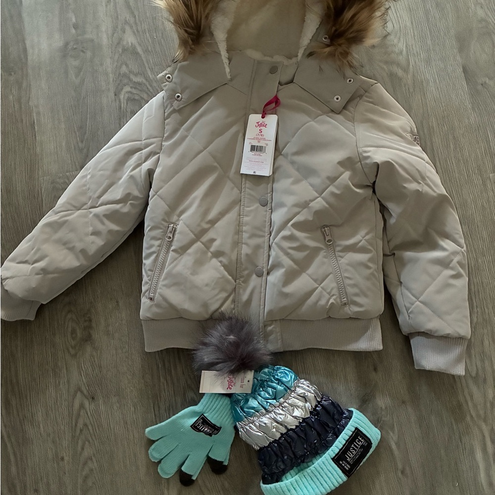 Justice Quilted Jacket and Hat Set - Gray and Aqua